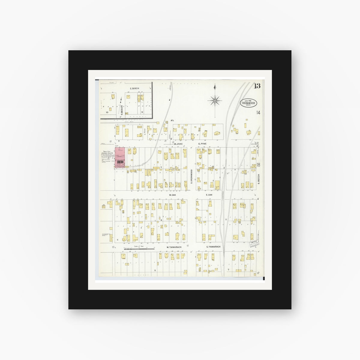 Old map wall art mockup — black gallery frame with white mat — Sanborn Fire Insurance Map from Ironwood, Gogebic County, Michigan (1908), Sheet #0013