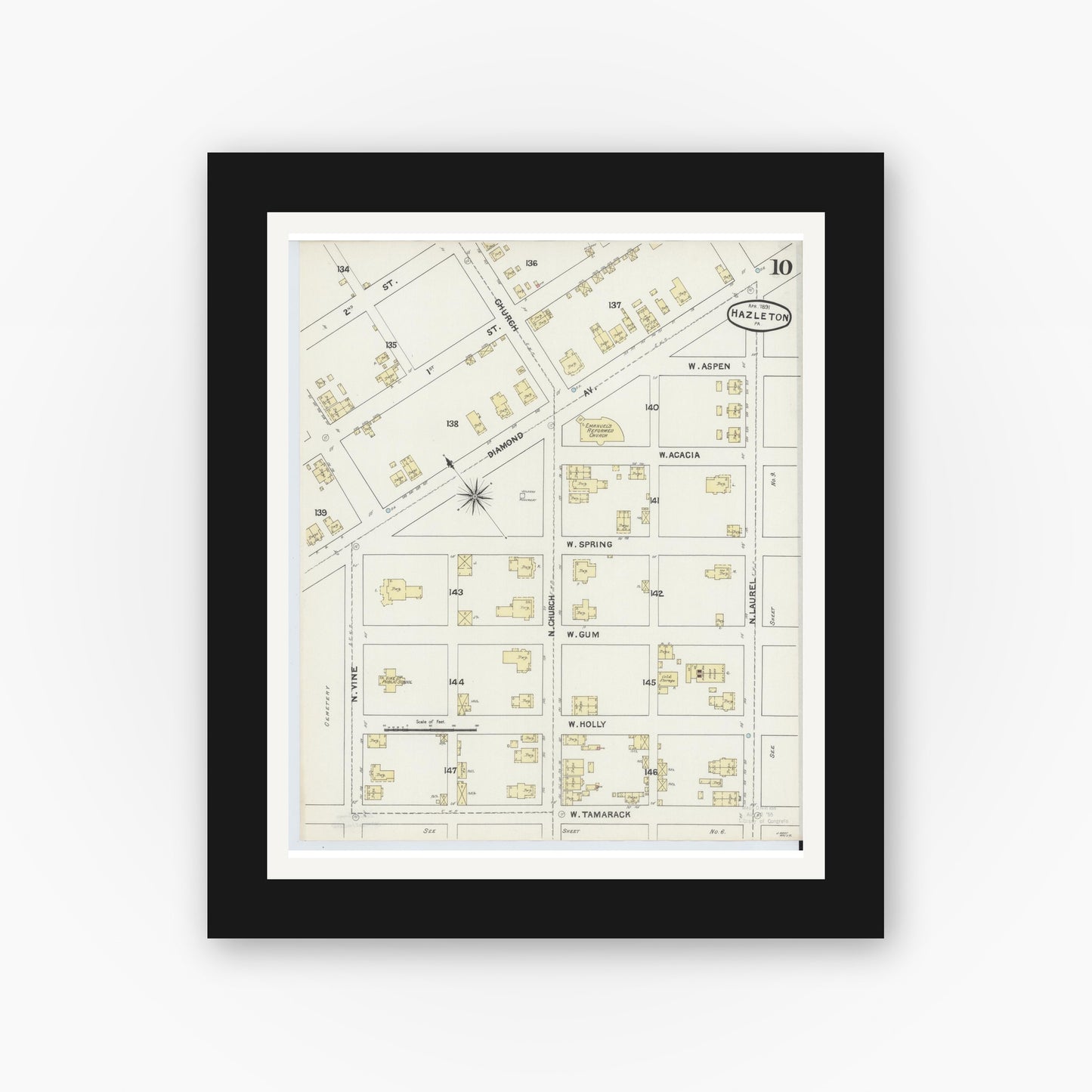 Old map wall art mockup — black gallery frame with white mat — Sanborn Fire Insurance Map from Hazleton, Luzerne County, Pennsylvania (1891), Sheet #0010