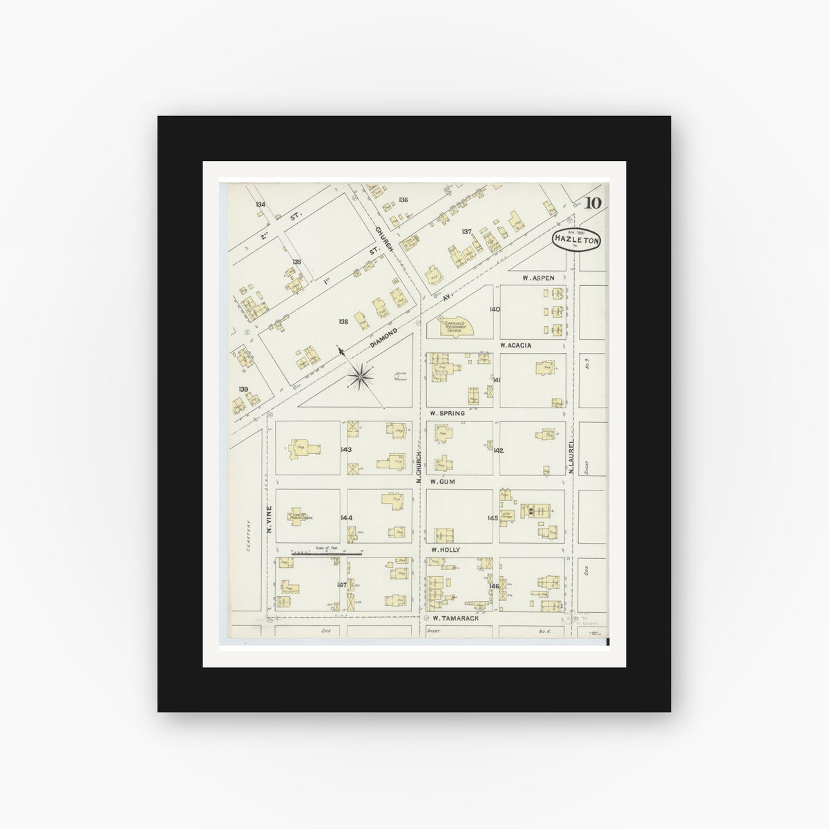 Old map wall art mockup — black gallery frame with white mat — Sanborn Fire Insurance Map from Hazleton, Luzerne County, Pennsylvania (1891), Sheet #0010