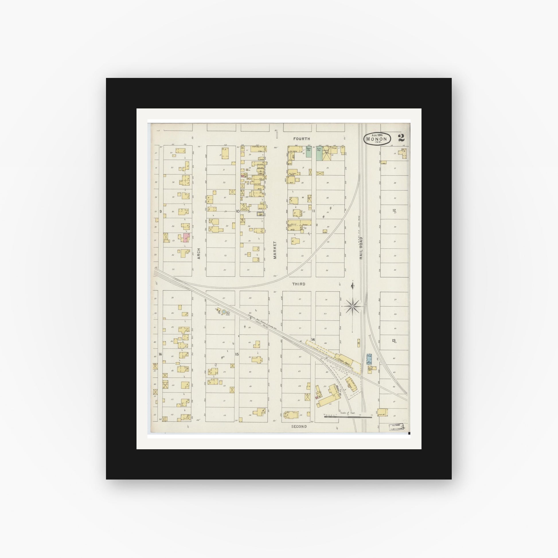 Old map wall art mockup — black gallery frame with white mat — Sanborn Fire Insurance Map from Monon, White County, Indiana (1895), Sheet #0002