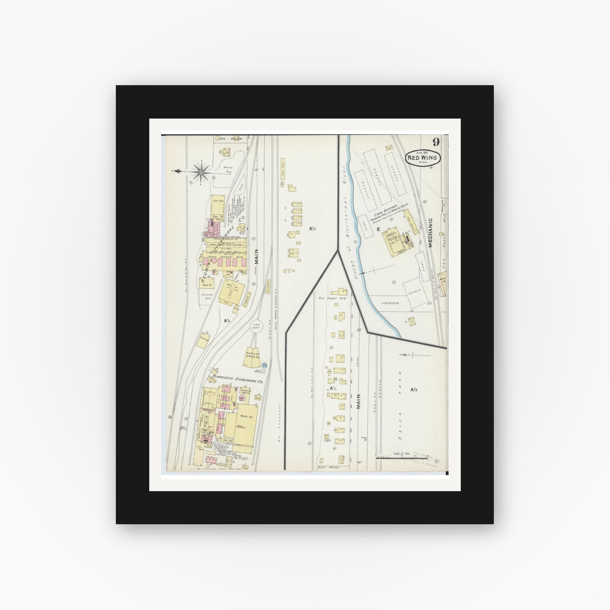 Old map wall art mockup — black gallery frame with white mat — Sanborn Fire Insurance Map from Red Wing, Goodhue County, Minnesota (1891), Sheet #0009