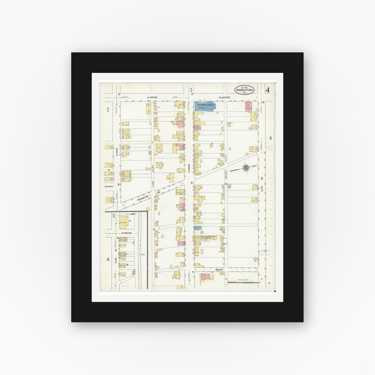 Old map wall art mockup — black gallery frame with white mat — Sanborn Fire Insurance Map from Hummelstown, Dauphin County, Pennsylvania (1911), Sheet #0004