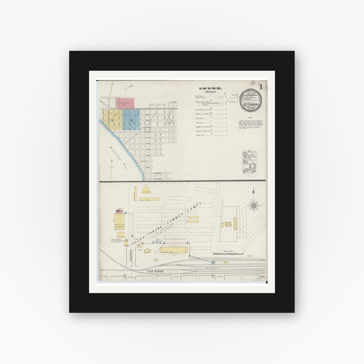 Old map wall art mockup — black gallery frame with white mat — Sanborn Fire Insurance Map from Keithsburg, Mercer County, Illinois (1894) - Complete Map Set