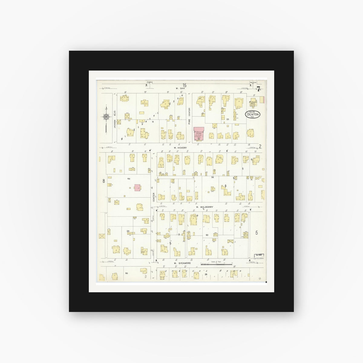 Old map wall art mockup — black gallery frame with white mat — Sanborn Fire Insurance Map from Denton, Denton County, Texas (1912), Sheet #0007