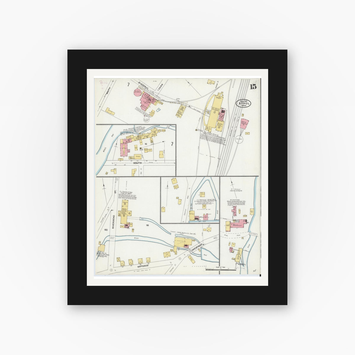 Old map wall art mockup — black gallery frame with white mat — Sanborn Fire Insurance Map from Athol, Worcester County, Massachusetts (1905), Sheet #0015
