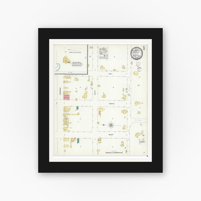 Old map wall art mockup — black gallery frame with white mat — Sanborn Fire Insurance Map from Fairfield, Freestone County, Texas (1901), Sheet #0001