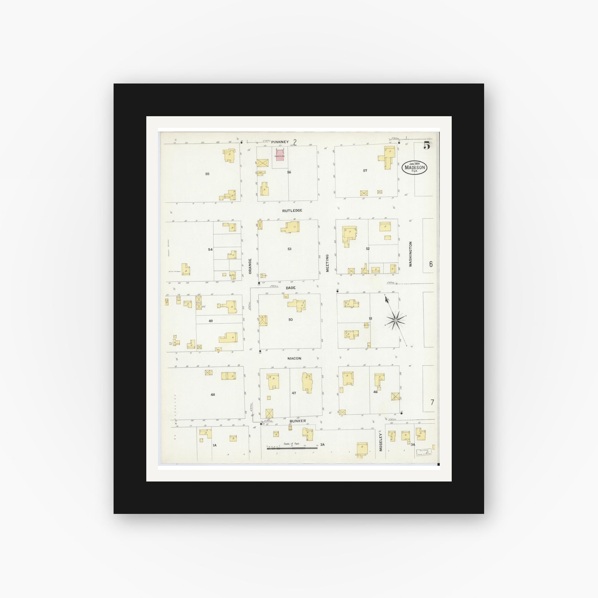 Old map wall art mockup — black gallery frame with white mat — Sanborn Fire Insurance Map from Madison, Madison County, Florida (1909), Sheet #0005