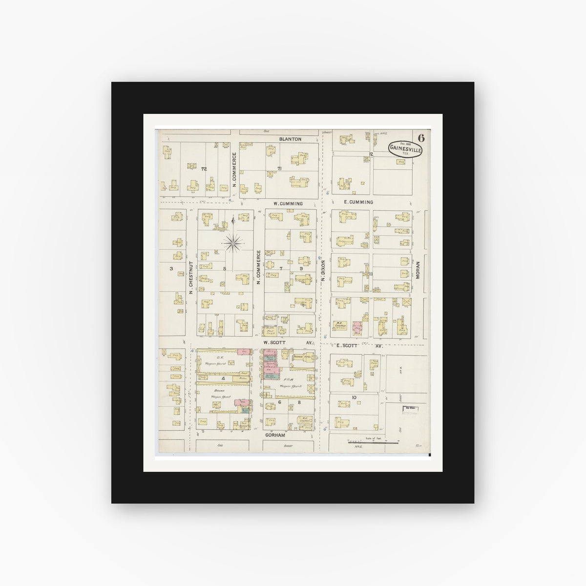 Old map wall art mockup — black gallery frame with white mat — Sanborn Fire Insurance Map from Gainesville, Cooke County, Texas (1888), Sheet #0006