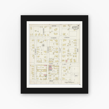 Old map wall art mockup — black gallery frame with white mat — Sanborn Fire Insurance Map from Gainesville, Cooke County, Texas (1888), Sheet #0006
