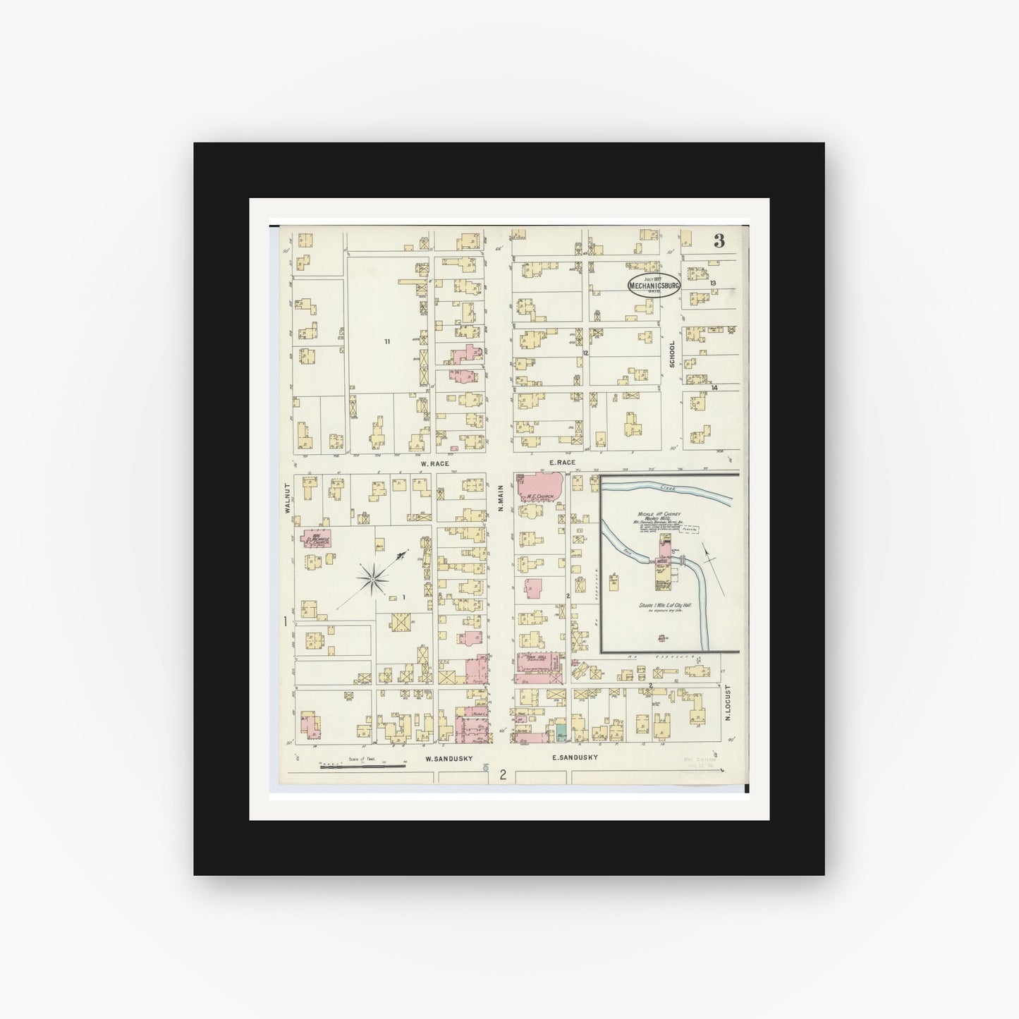 Old map wall art mockup — black gallery frame with white mat — Sanborn Fire Insurance Map from Mechanicsburg, Champaign County, Ohio (1897), Sheet #0003