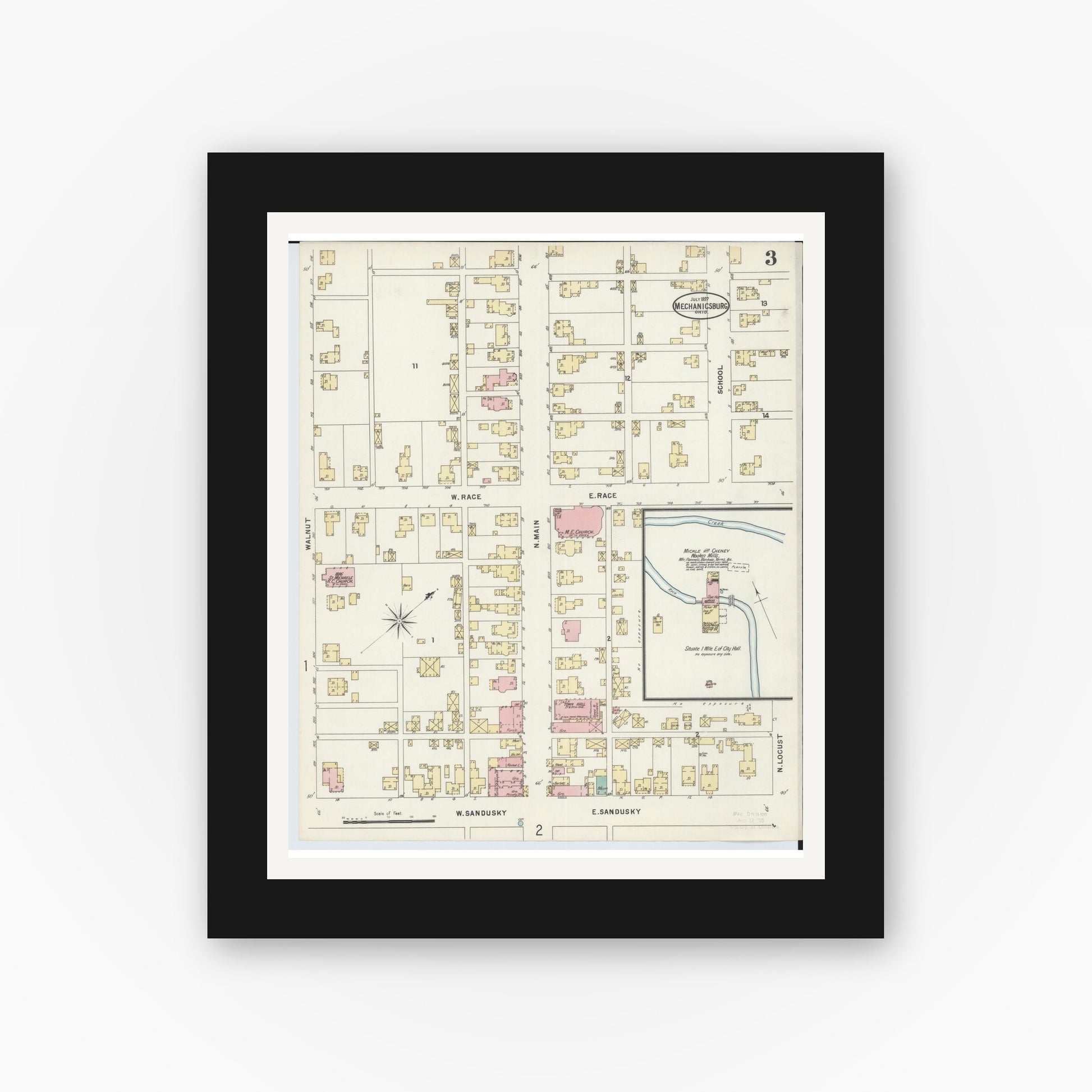 Old map wall art mockup — black gallery frame with white mat — Sanborn Fire Insurance Map from Mechanicsburg, Champaign County, Ohio (1897), Sheet #0003