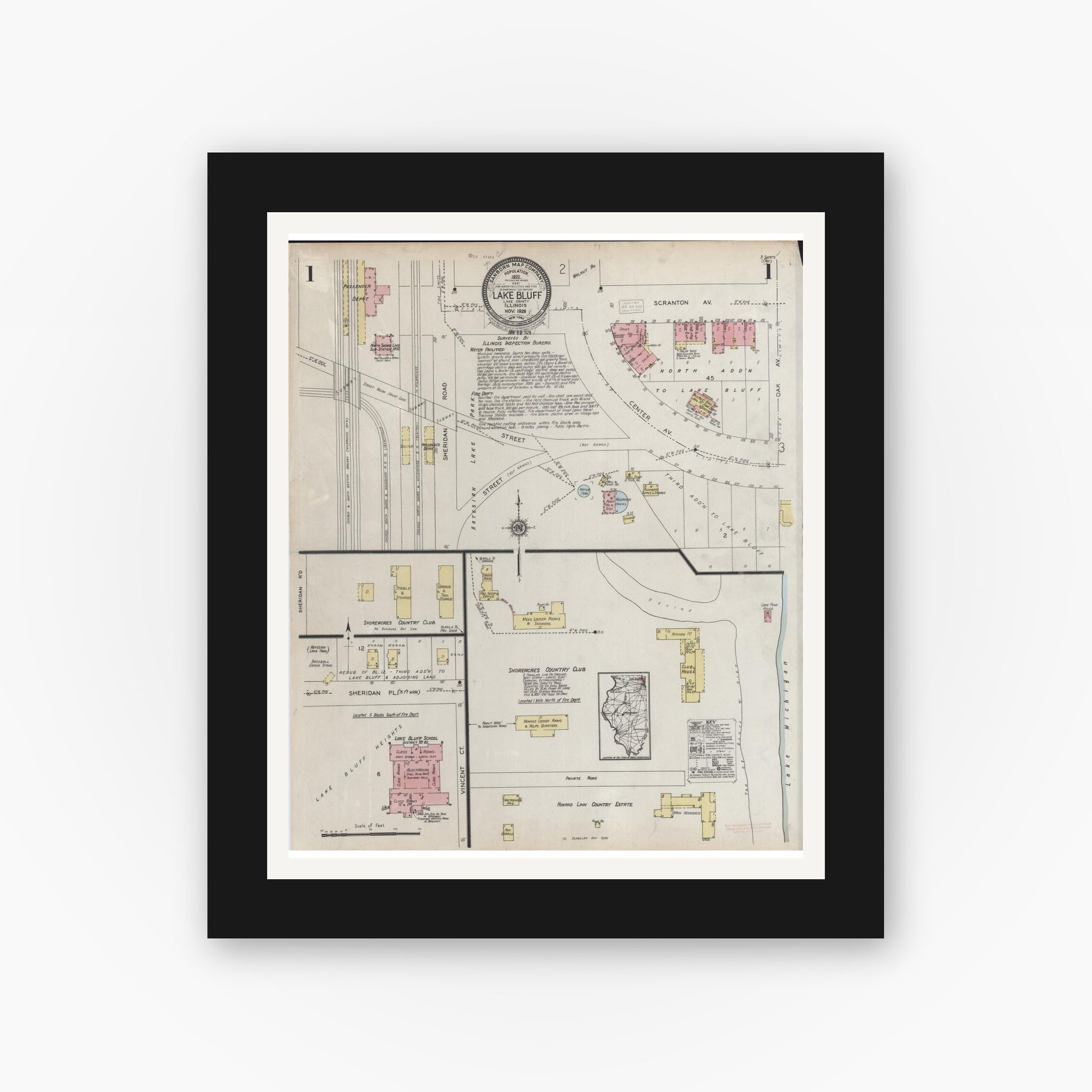 Old map wall art mockup — black gallery frame with white mat — Sanborn Fire Insurance Map from Lake Bluff, Lake County, Illinois (1928) - Complete Map Set