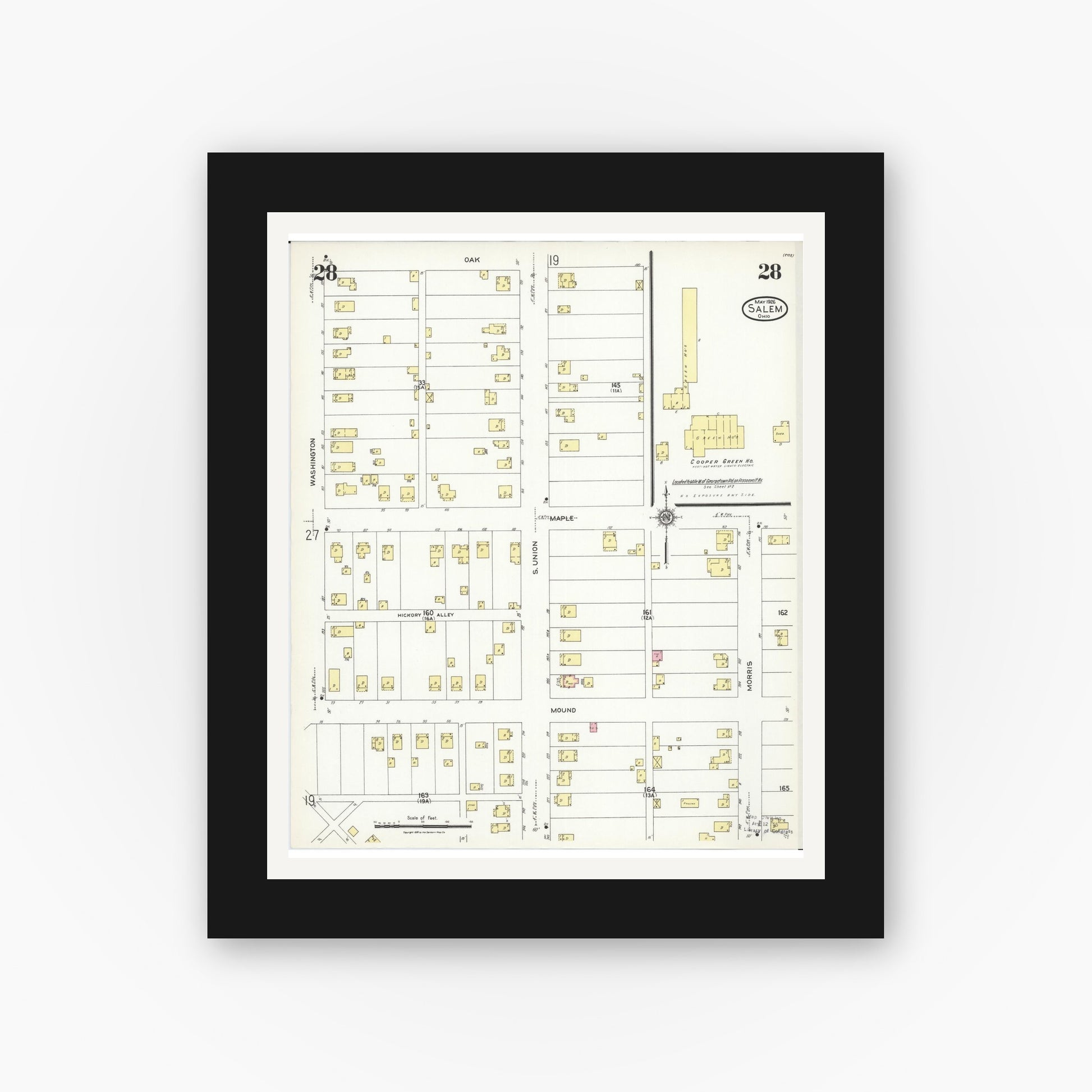 Old map wall art mockup — black gallery frame with white mat — Sanborn Fire Insurance Map from Salem, Columbiana County, Ohio (1926), Sheet #0028