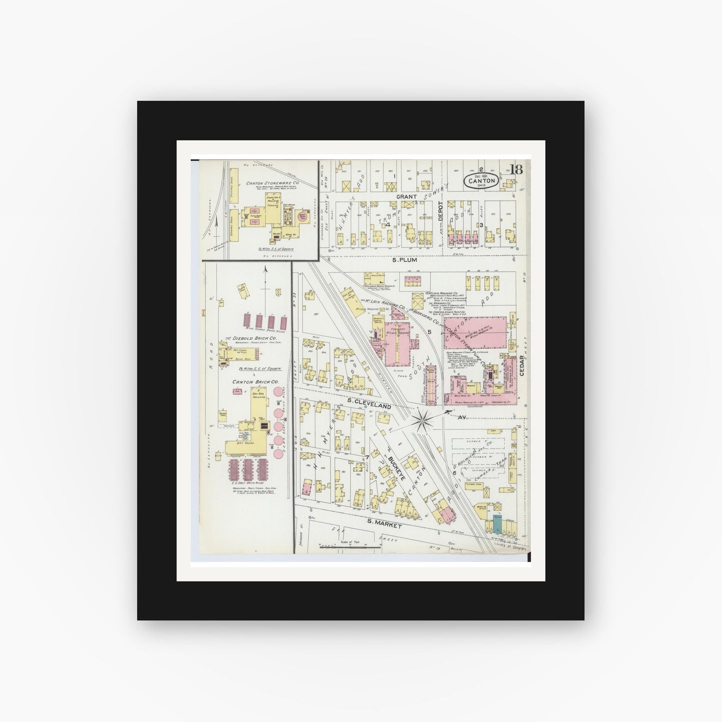 Old map wall art mockup — black gallery frame with white mat — Sanborn Fire Insurance Map from Canton, Stark County, Ohio (1891), Sheet #0018