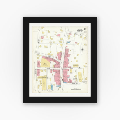 Old map wall art mockup — black gallery frame with white mat — Sanborn Fire Insurance Map from Mount Airy, Surry County, North Carolina (1916), Sheet #0002