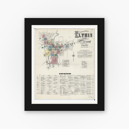 Old map wall art mockup — black gallery frame with white mat — Sanborn Fire Insurance Map from Elyria, Lorain County, Ohio (1915) - Complete Map Set