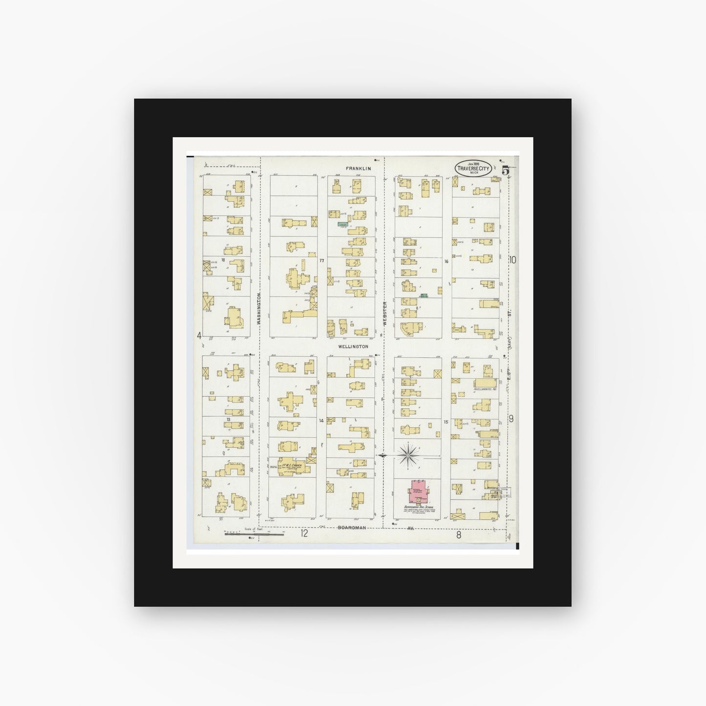 Old map wall art mockup — black gallery frame with white mat — Sanborn Fire Insurance Map from Traverse City, Grand Traverse County, Michigan (1899), Sheet #0005