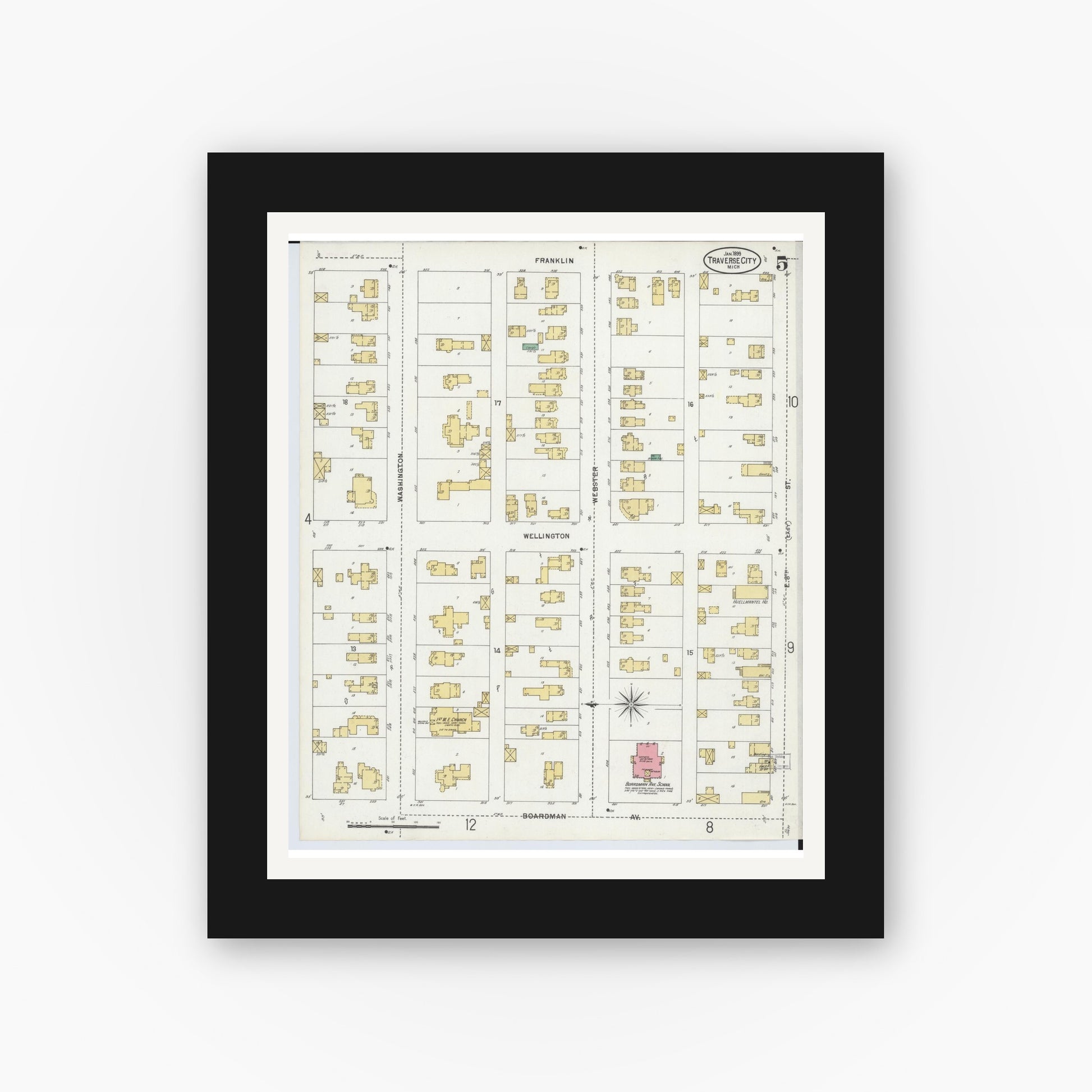 Old map wall art mockup — black gallery frame with white mat — Sanborn Fire Insurance Map from Traverse City, Grand Traverse County, Michigan (1899), Sheet #0005