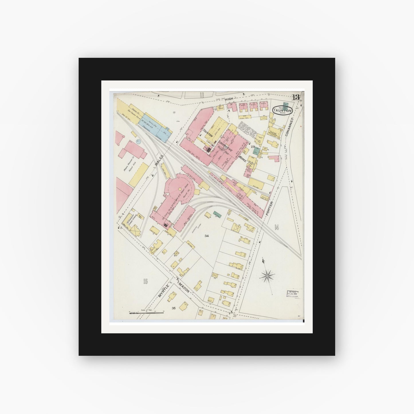 Old map wall art mockup — black gallery frame with white mat — Sanborn Fire Insurance Map from Taunton, Bristol County, Massachusetts (1893), Sheet #0013