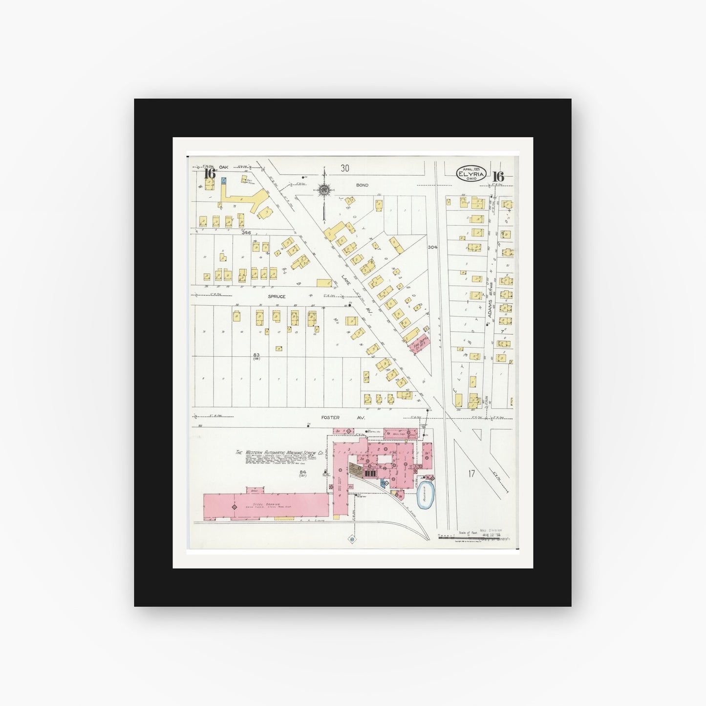 Old map wall art mockup — black gallery frame with white mat — Sanborn Fire Insurance Map from Elyria, Lorain County, Ohio (1925), Sheet #0016