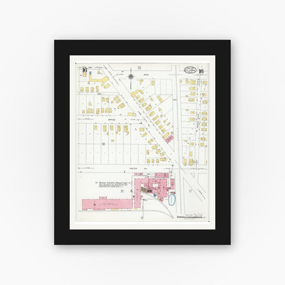 Old map wall art mockup — black gallery frame with white mat — Sanborn Fire Insurance Map from Elyria, Lorain County, Ohio (1925), Sheet #0016