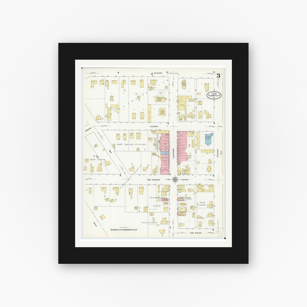 Old map wall art mockup — black gallery frame with white mat — Sanborn Fire Insurance Map from Plainfield, Will County, Illinois (1912), Sheet #0003