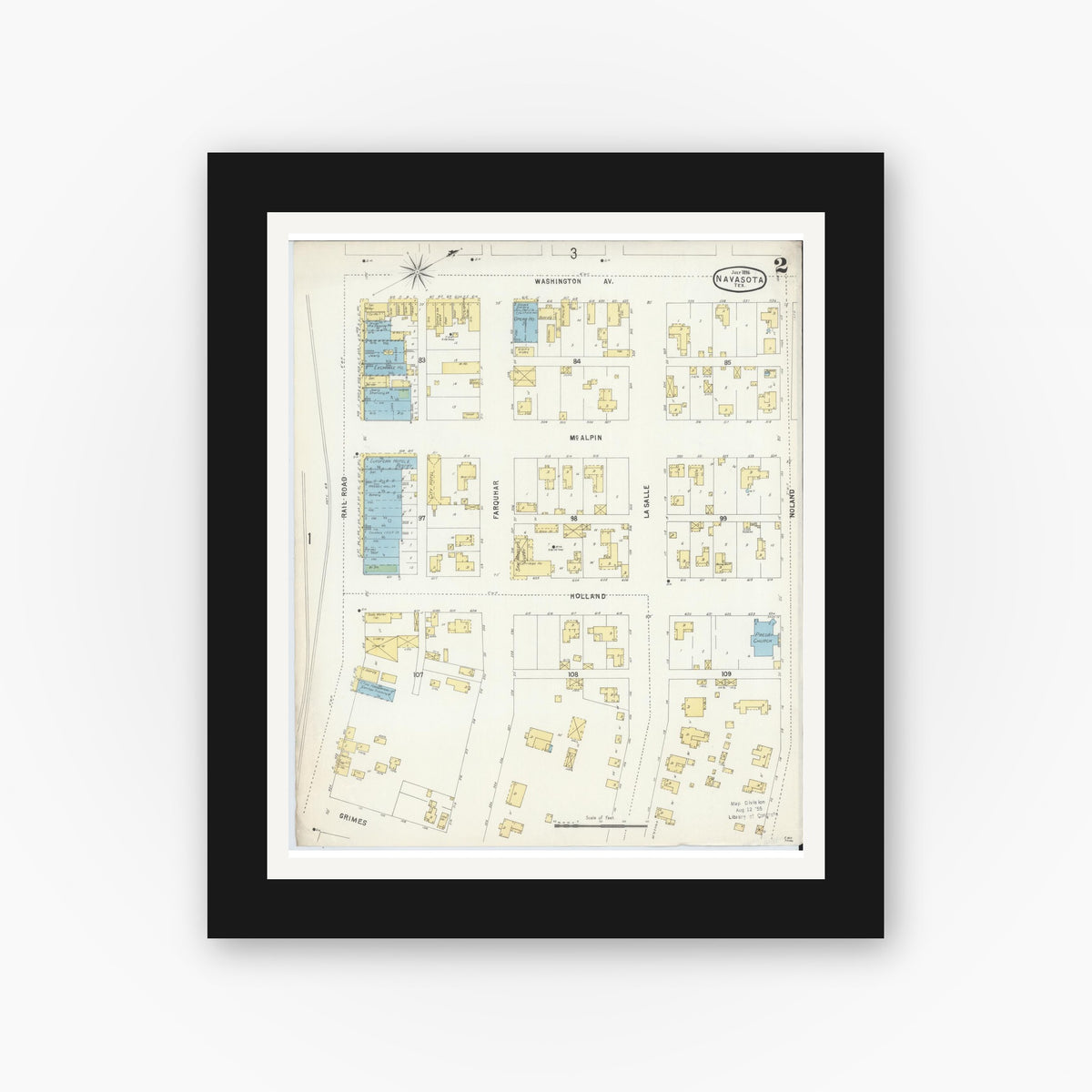 Old map wall art mockup — black gallery frame with white mat — Sanborn Fire Insurance Map from Navasota, Grimes County, Texas (1896), Sheet #0002