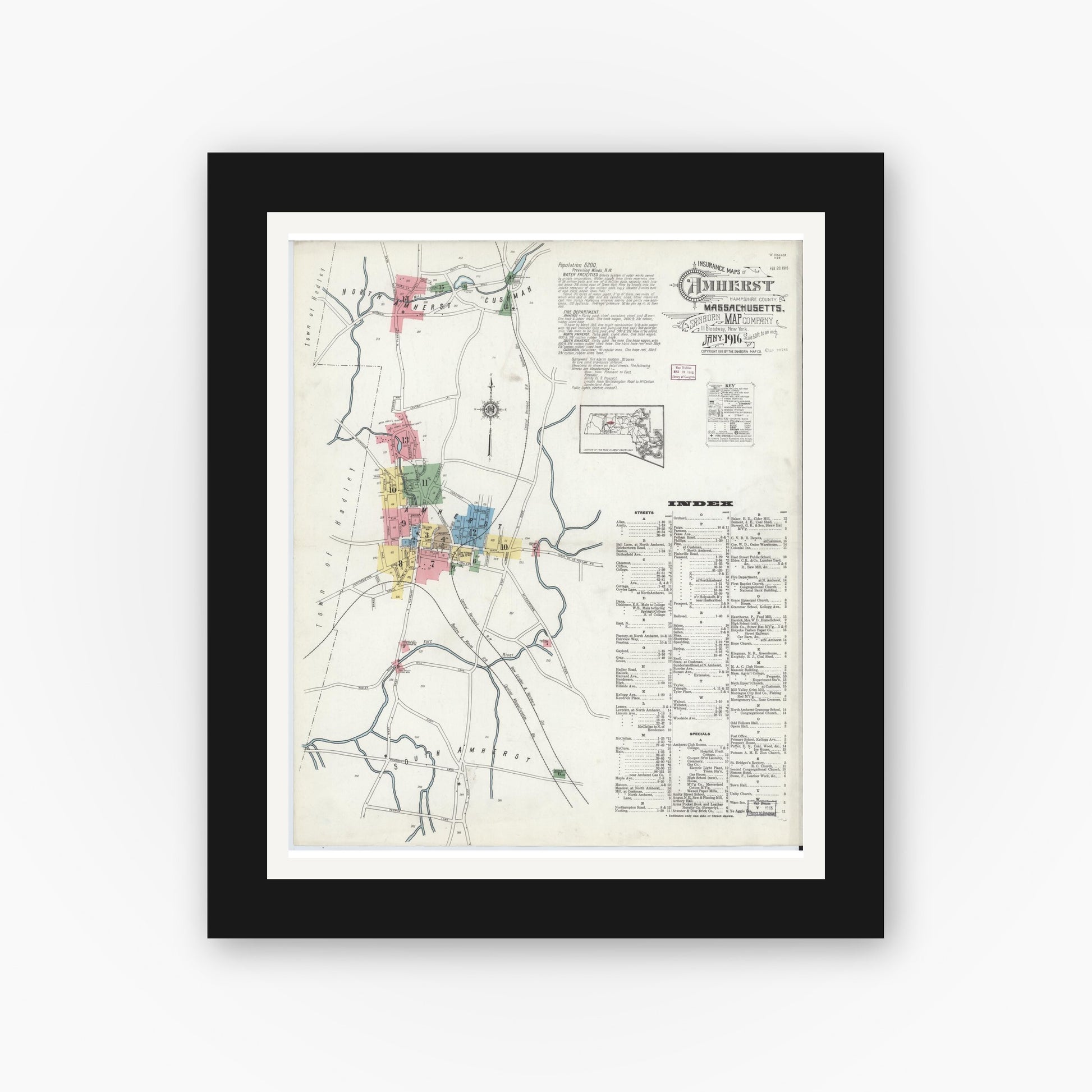 Old map wall art mockup — black gallery frame with white mat — Sanborn Fire Insurance Map from Amherst, Hampshire County, Massachusetts (1916) - Complete Map Set