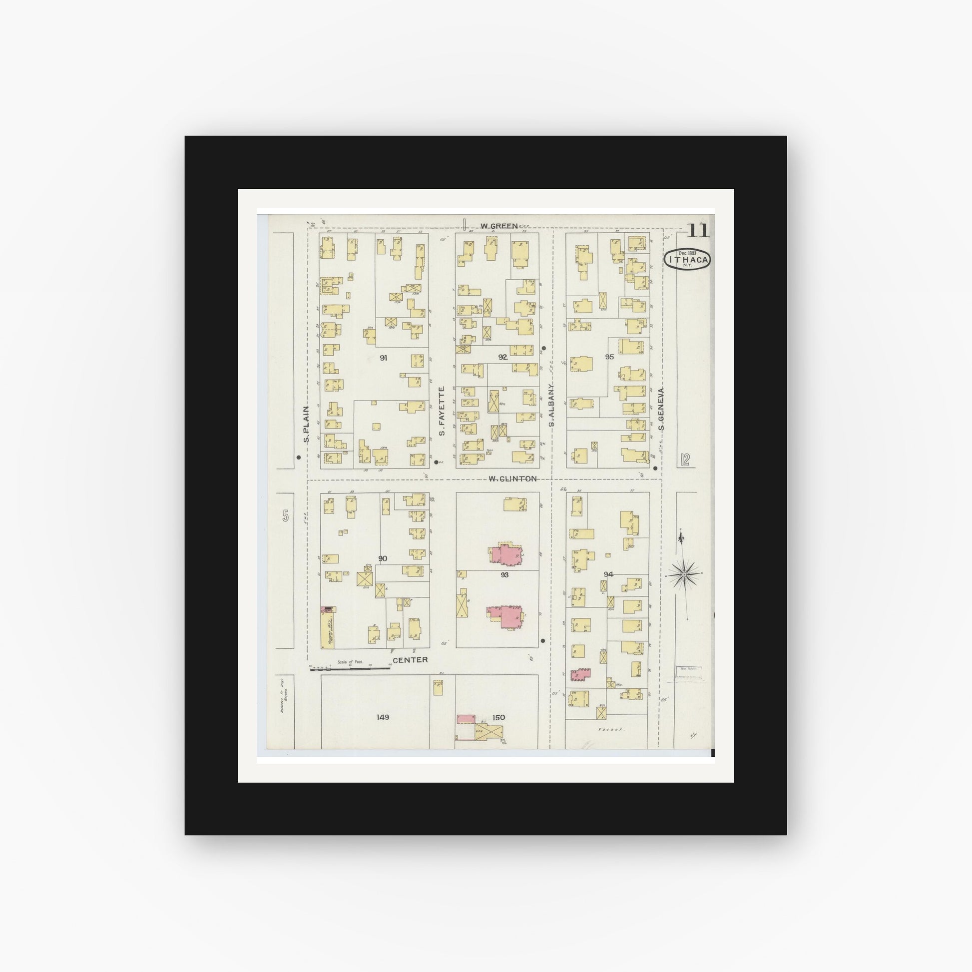 Old map wall art mockup — black gallery frame with white mat — Sanborn Fire Insurance Map from Ithaca, Tompkins County, New York (1893), Sheet #0011