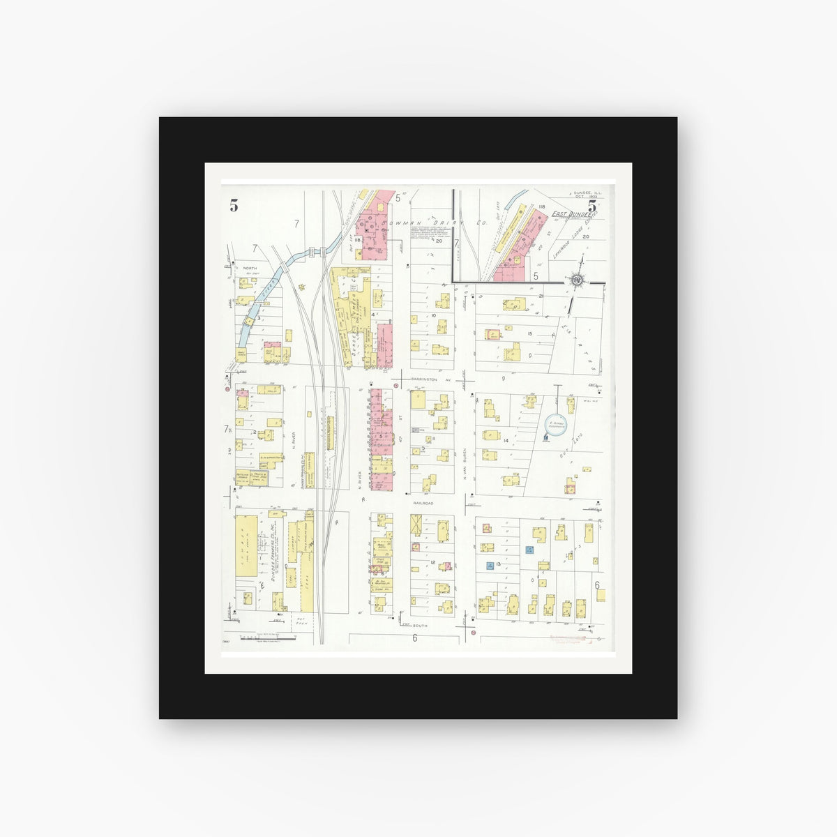 Old map wall art mockup — black gallery frame with white mat — Sanborn Fire Insurance Map from Dundee, Kane County, Illinois (1933), Sheet #0005