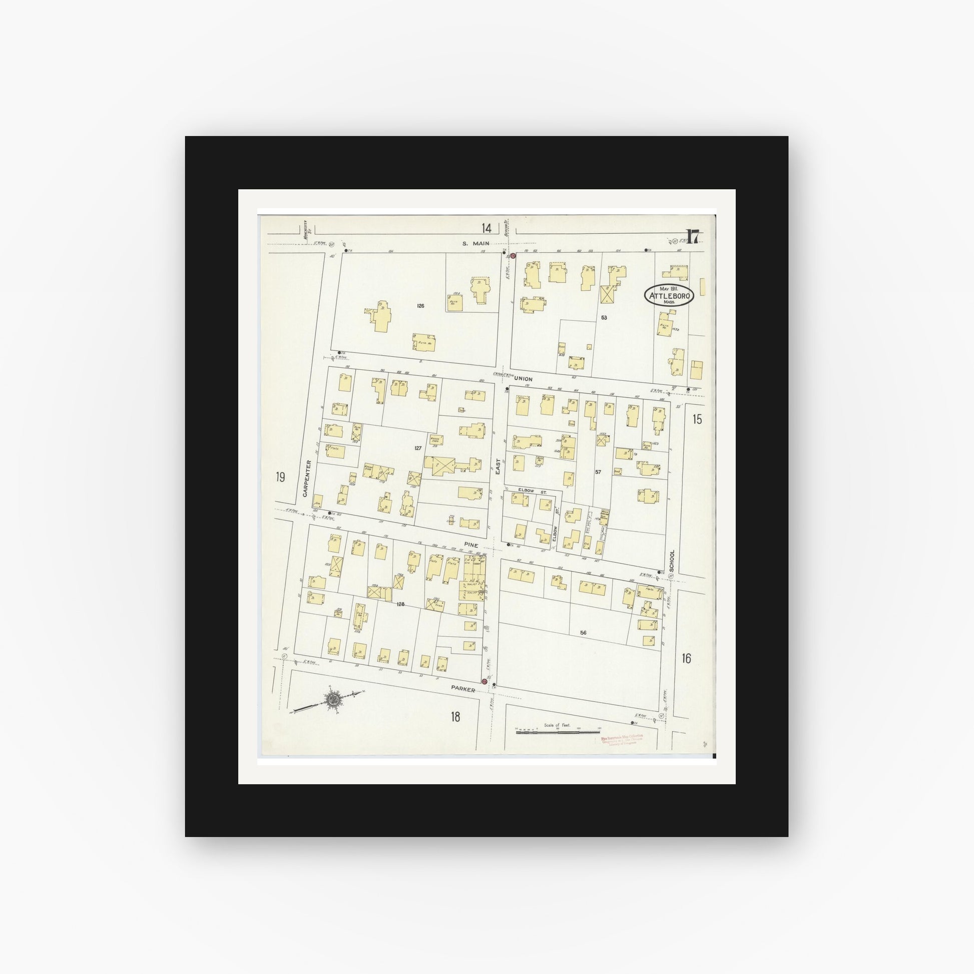 Old map wall art mockup — black gallery frame with white mat — Sanborn Fire Insurance Map from Attleboro, Bristol County, Massachusetts (1911), Sheet #0017