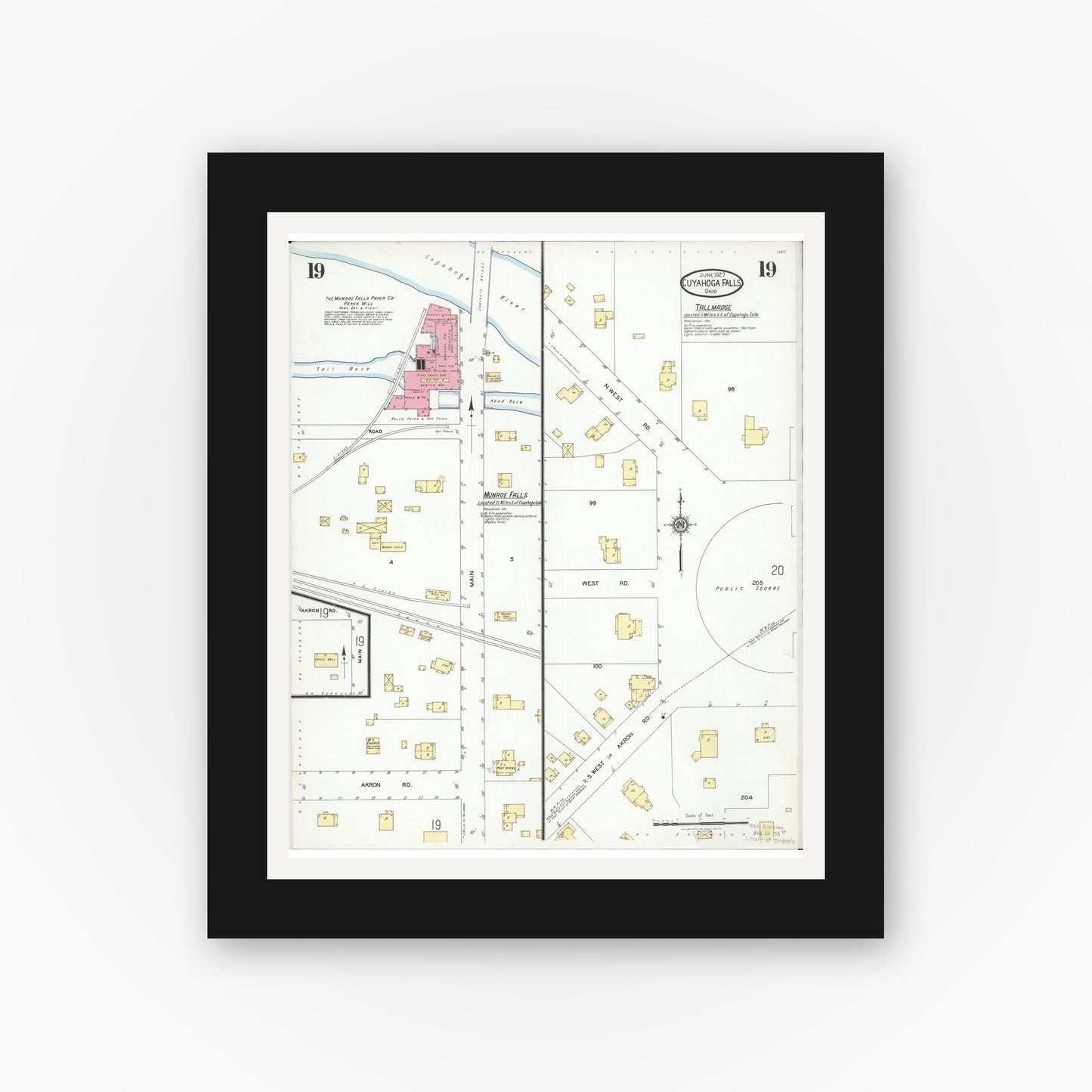 Old map wall art mockup — black gallery frame with white mat — Sanborn Fire Insurance Map from Cuyahoga Falls, Summit County, Ohio (1927), Sheet #0019