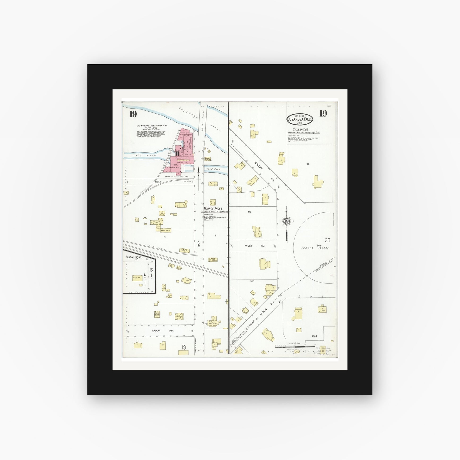 Old map wall art mockup — black gallery frame with white mat — Sanborn Fire Insurance Map from Cuyahoga Falls, Summit County, Ohio (1927), Sheet #0019