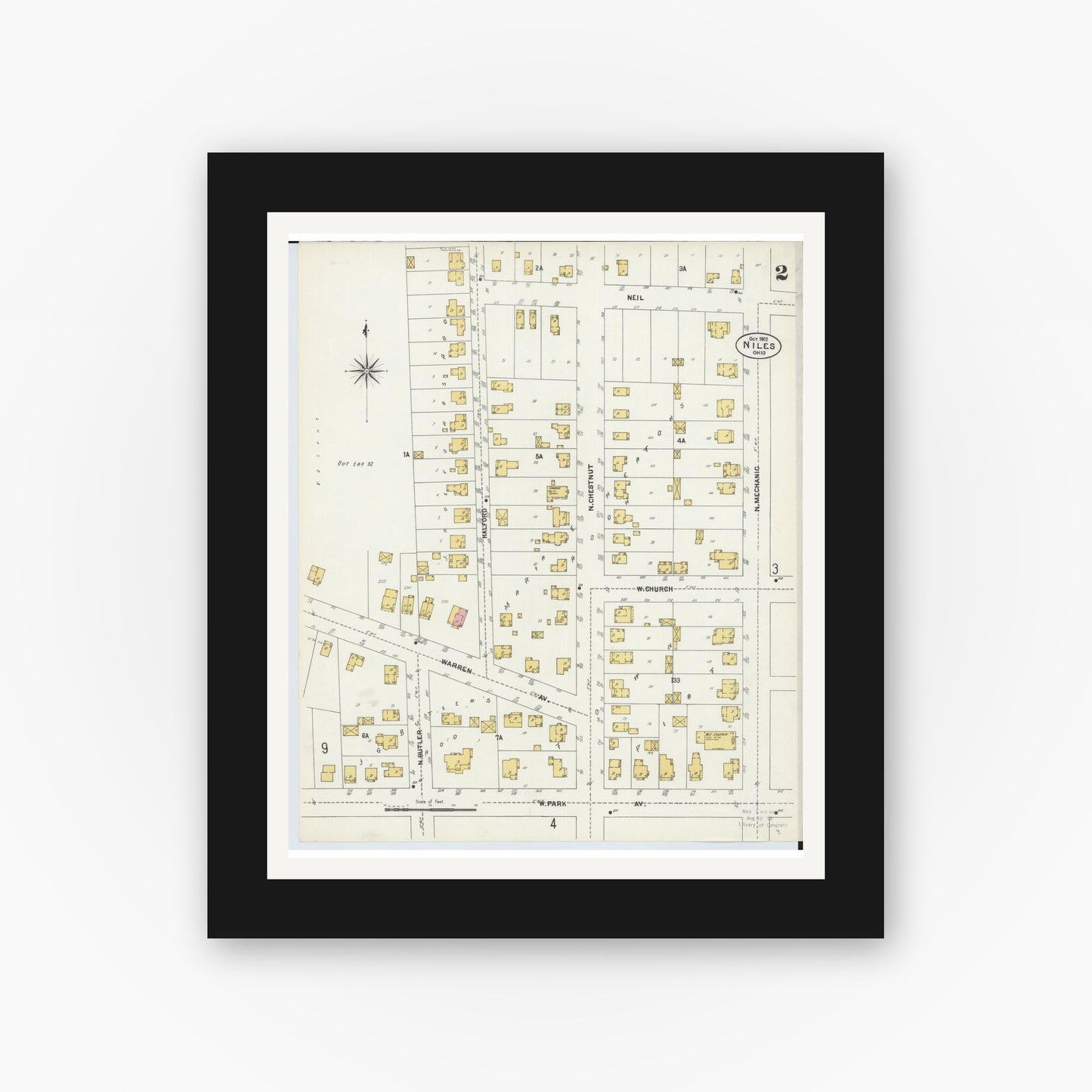 Old map wall art mockup — black gallery frame with white mat — Sanborn Fire Insurance Map from Niles, Trumbull County, Ohio (1902), Sheet #0002