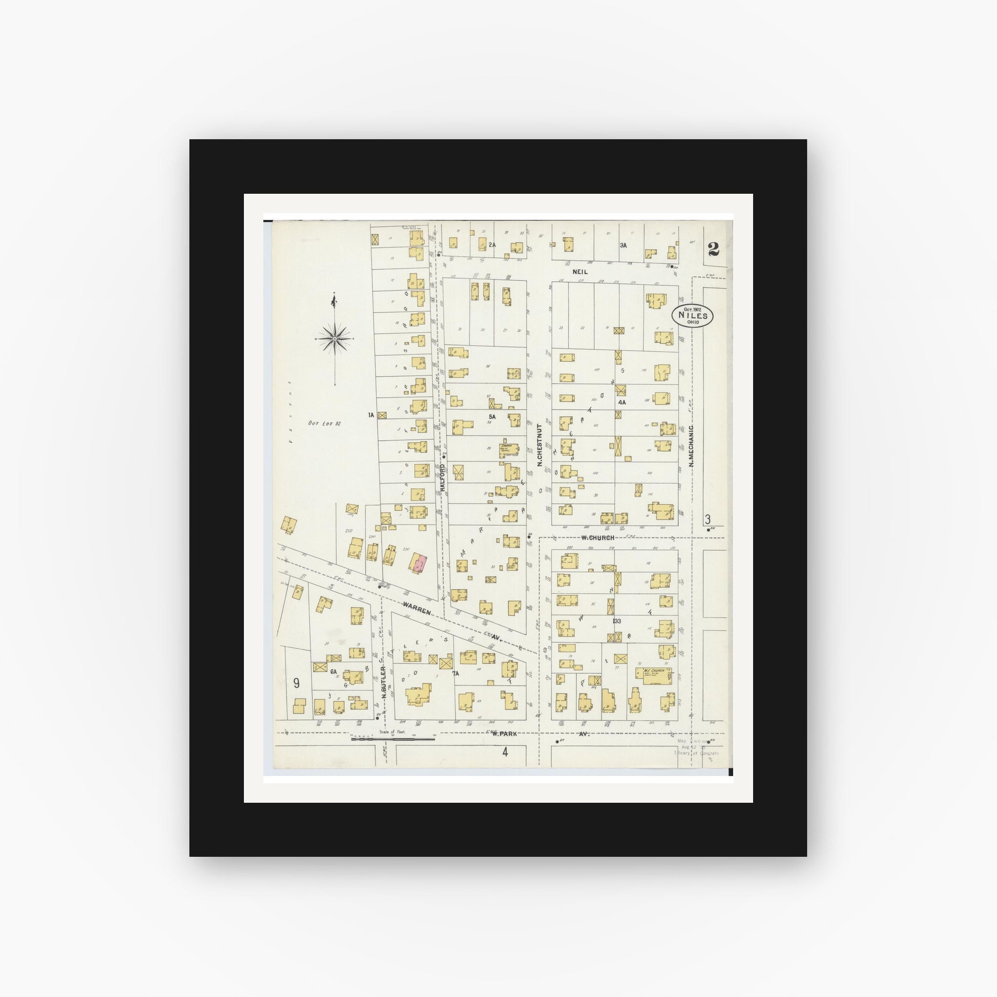 Old map wall art mockup — black gallery frame with white mat — Sanborn Fire Insurance Map from Niles, Trumbull County, Ohio (1902), Sheet #0002