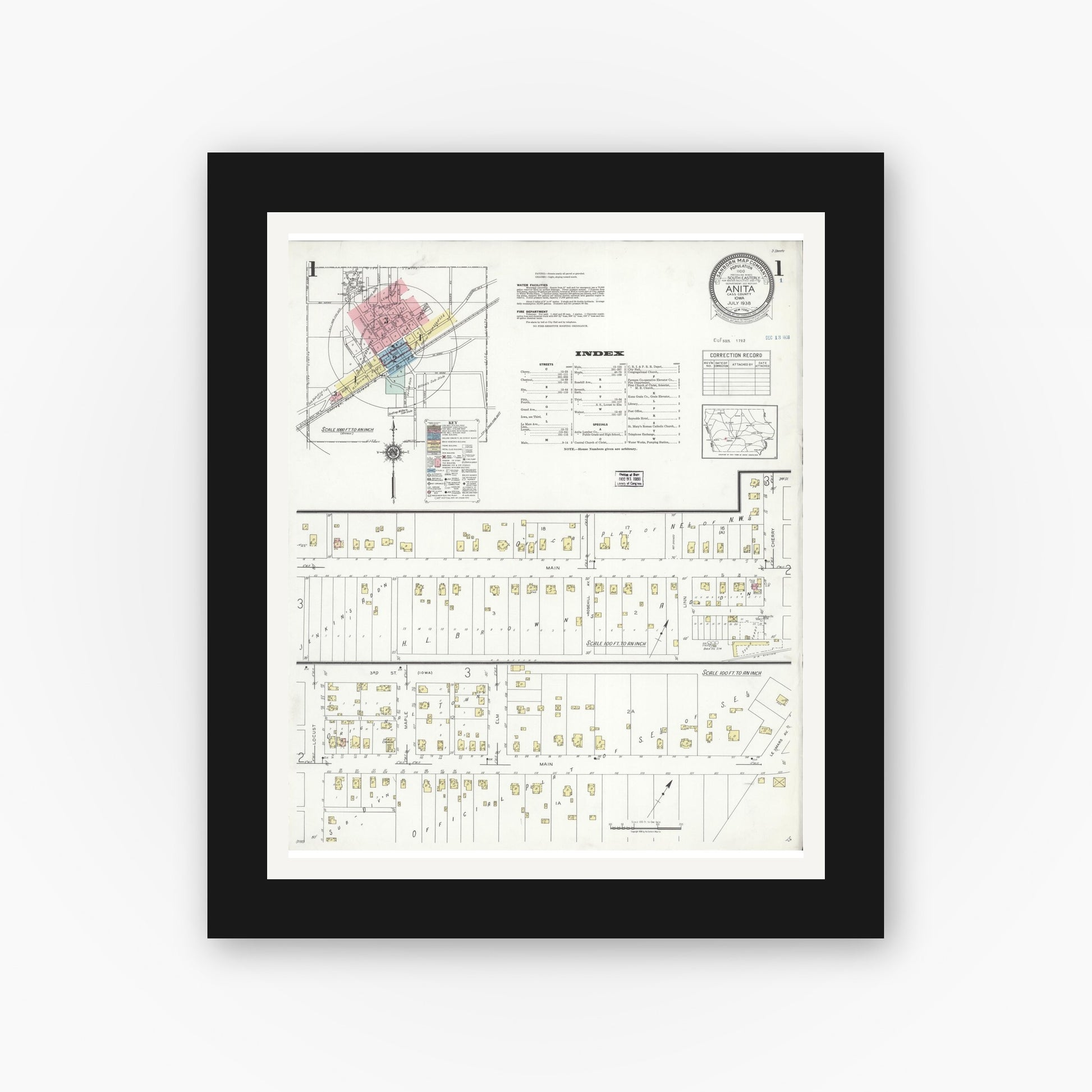 Old map wall art mockup — black gallery frame with white mat — Sanborn Fire Insurance Map from Anita, Cass County, Iowa (1938), Sheet #0001
