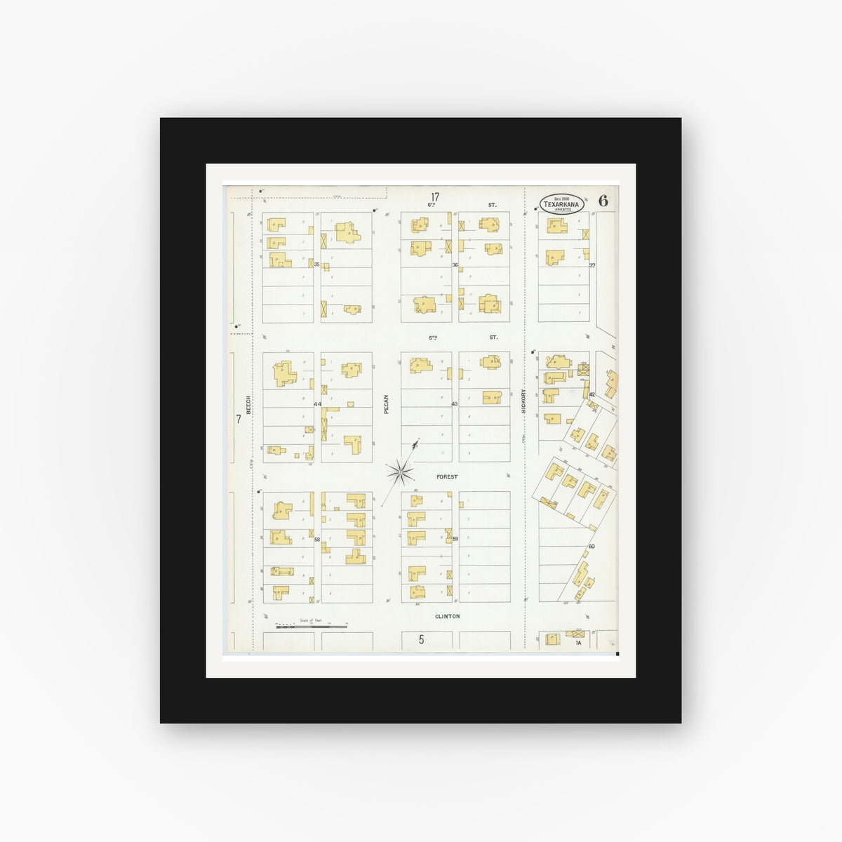 Old map wall art mockup — black gallery frame with white mat — Sanborn Fire Insurance Map from Texarkana, Bowie County, Texas (1900), Sheet #0006