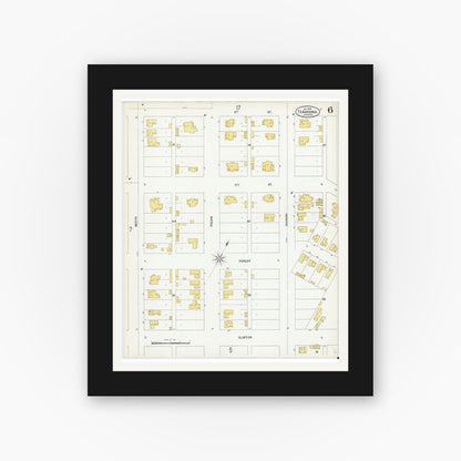 Old map wall art mockup — black gallery frame with white mat — Sanborn Fire Insurance Map from Texarkana, Bowie County, Texas (1900), Sheet #0006