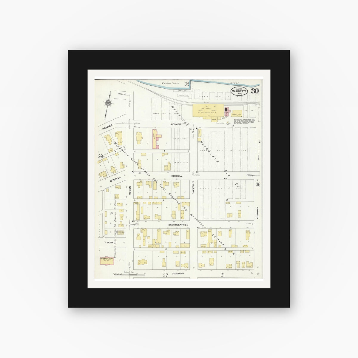 Old map wall art mockup — black gallery frame with white mat — Sanborn Fire Insurance Map from Marinette, Marinette County, Wisconsin (1910), Sheet #0030