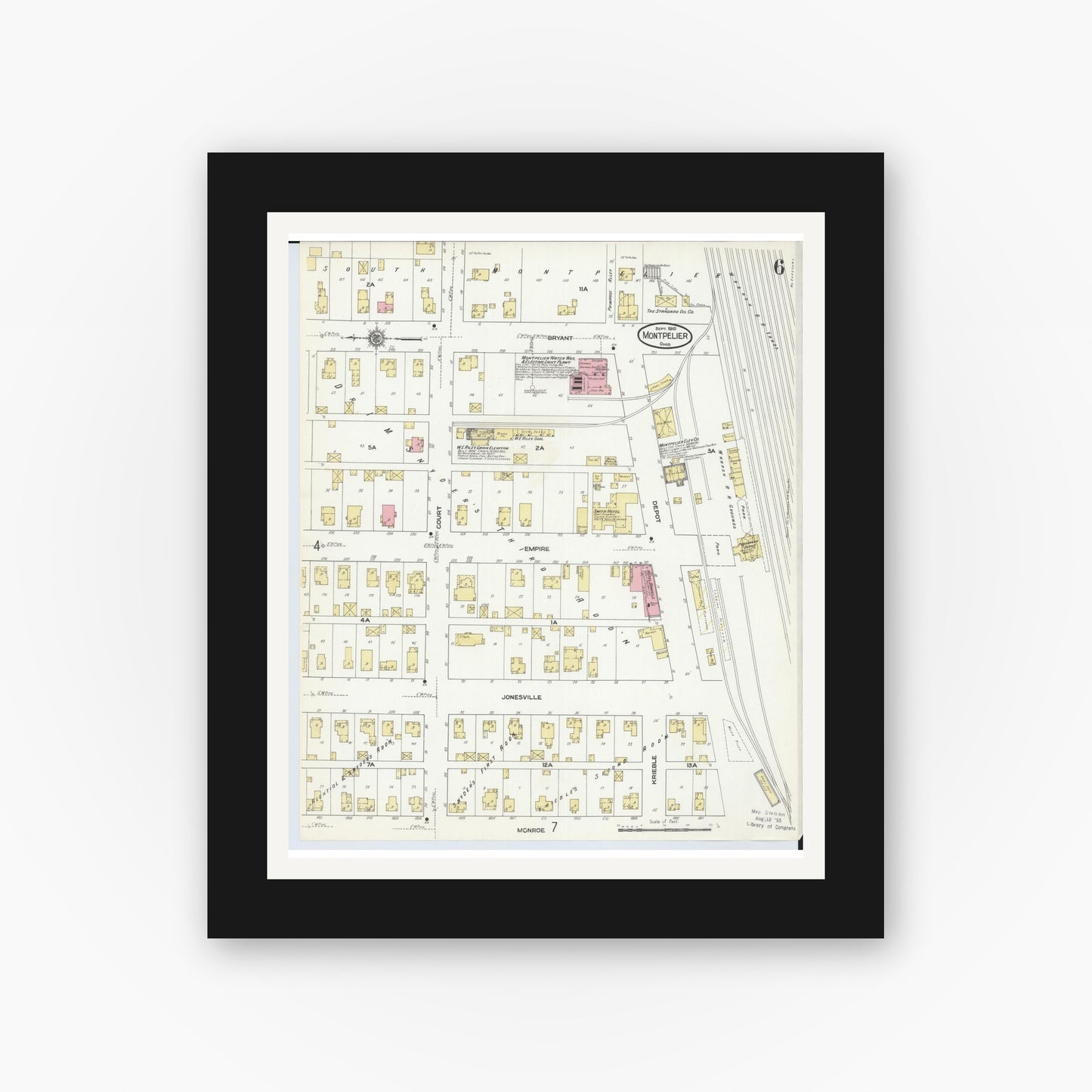 Old map wall art mockup — black gallery frame with white mat — Sanborn Fire Insurance Map from Montpelier, Williams County, Ohio (1910), Sheet #0006
