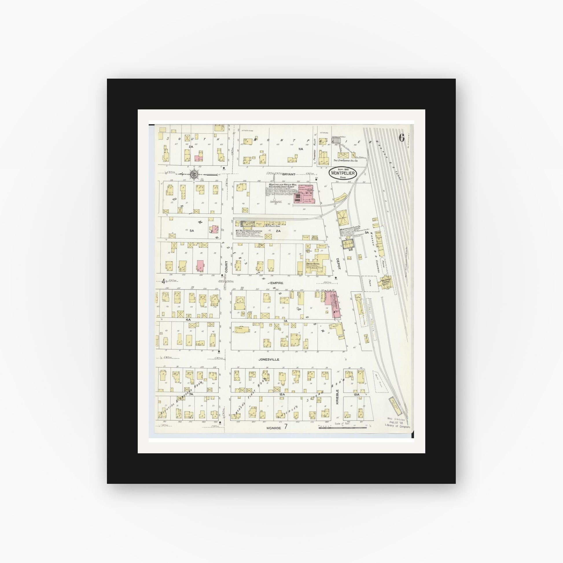 Old map wall art mockup — black gallery frame with white mat — Sanborn Fire Insurance Map from Montpelier, Williams County, Ohio (1910), Sheet #0006