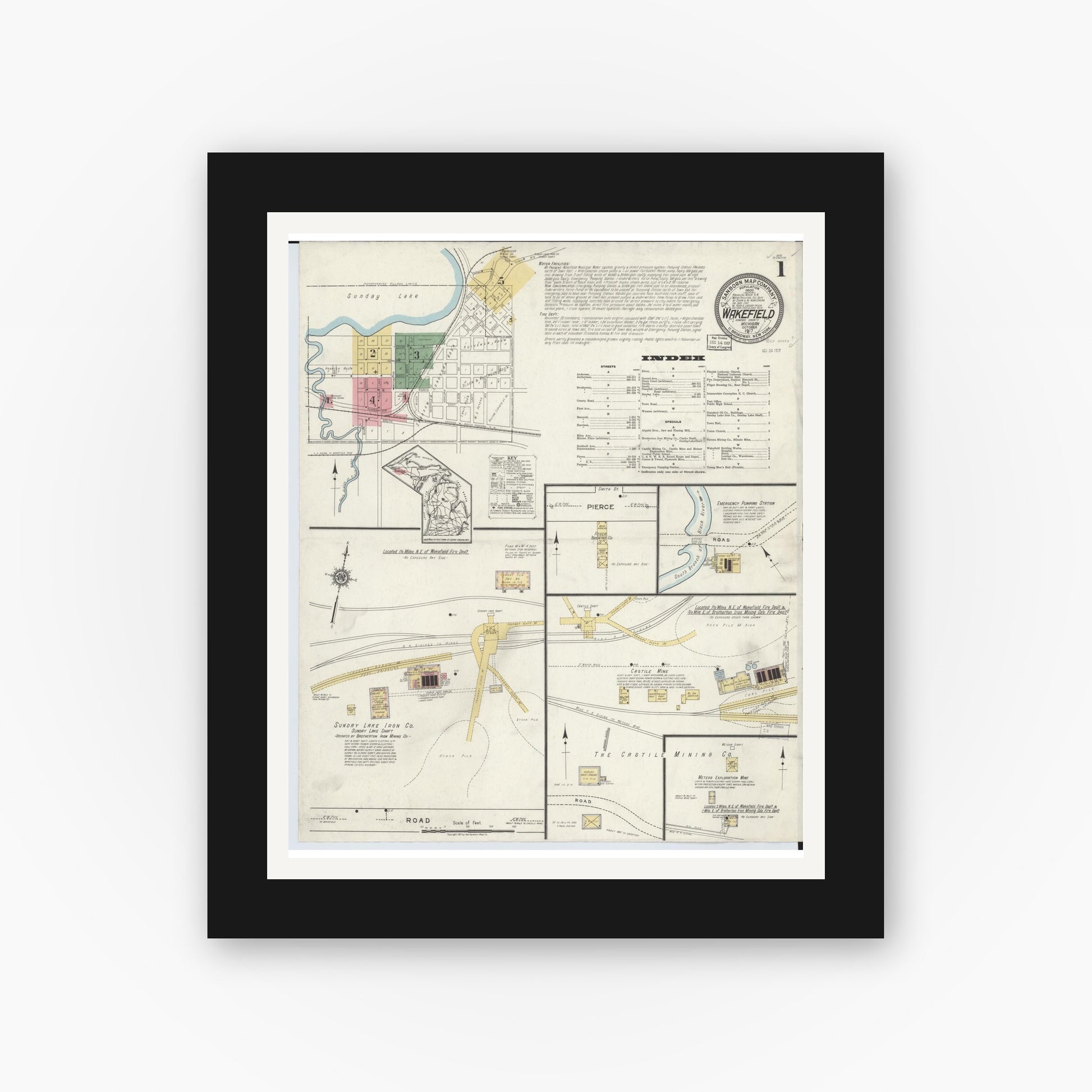 Old map wall art mockup — black gallery frame with white mat — Sanborn Fire Insurance Map from Wakefield, Gogebic County, Michigan (1917) - Complete Map Set