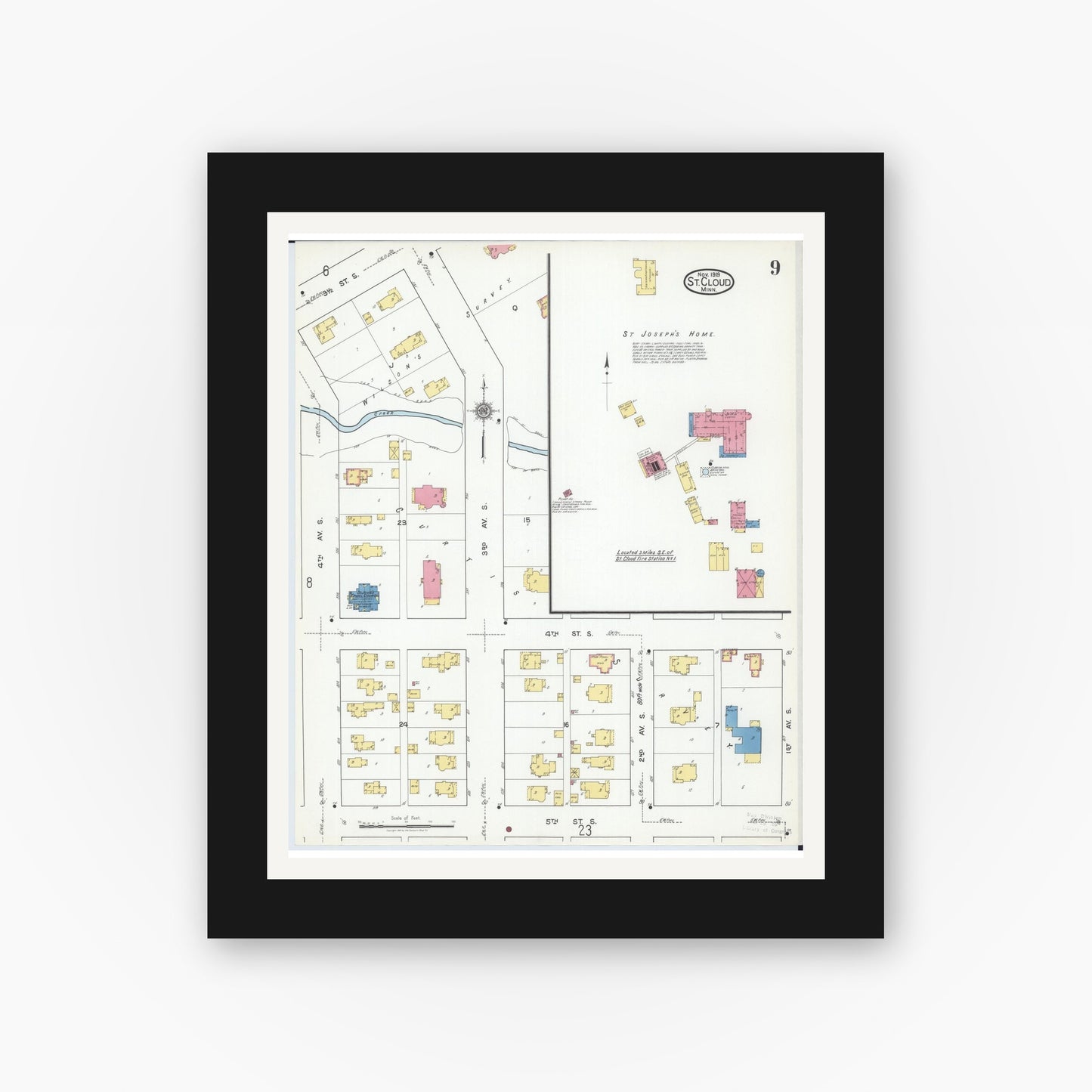 Old map wall art mockup — black gallery frame with white mat — Sanborn Fire Insurance Map from Saint Cloud, Stearns, Benton, and Sherburne Counties, Minnesota (1919), Sheet #0009