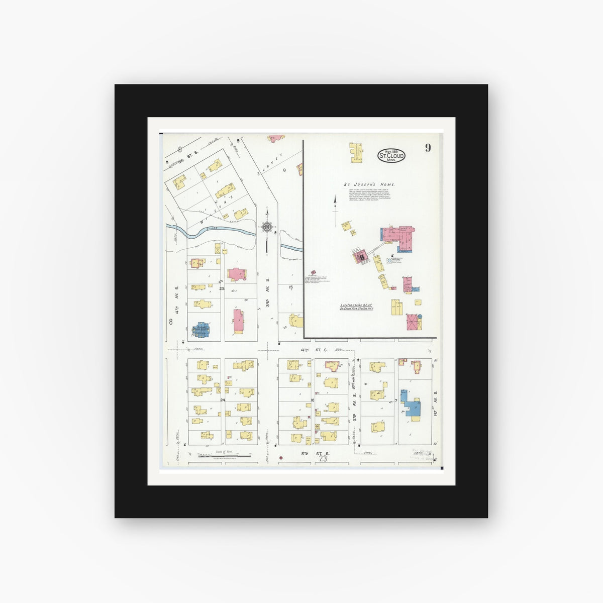 Old map wall art mockup — black gallery frame with white mat — Sanborn Fire Insurance Map from Saint Cloud, Stearns, Benton, and Sherburne Counties, Minnesota (1919), Sheet #0009