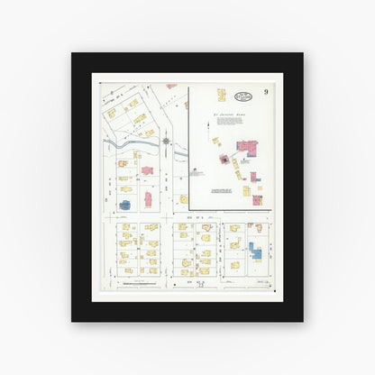 Old map wall art mockup — black gallery frame with white mat — Sanborn Fire Insurance Map from Saint Cloud, Stearns, Benton, and Sherburne Counties, Minnesota (1919), Sheet #0009