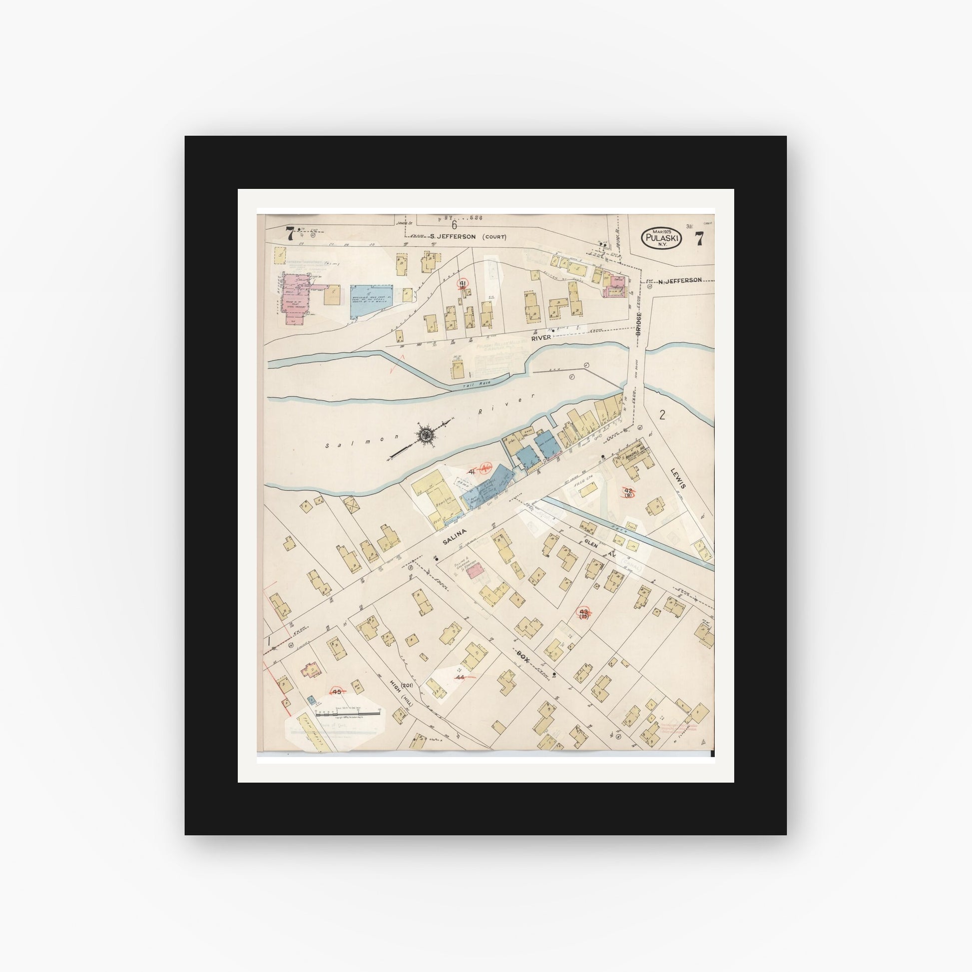 Old map wall art mockup — black gallery frame with white mat — Sanborn Fire Insurance Map from Pulaski, Oswego County, New York (1959), Sheet #0007