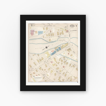 Old map wall art mockup — black gallery frame with white mat — Sanborn Fire Insurance Map from Pulaski, Oswego County, New York (1959), Sheet #0007