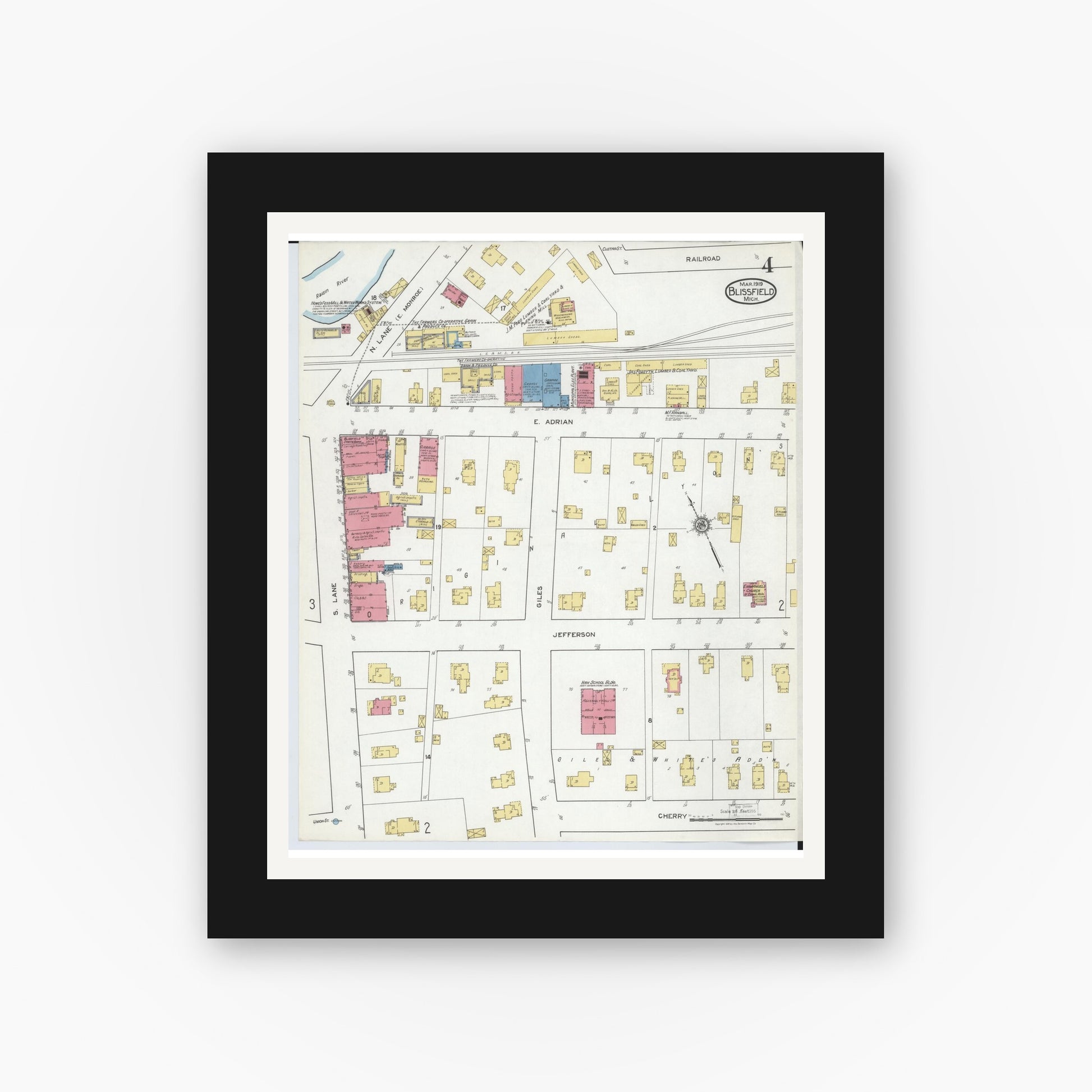 Old map wall art mockup — black gallery frame with white mat — Sanborn Fire Insurance Map from Blissfield, Lenawee County, Michigan (1919), Sheet #0004