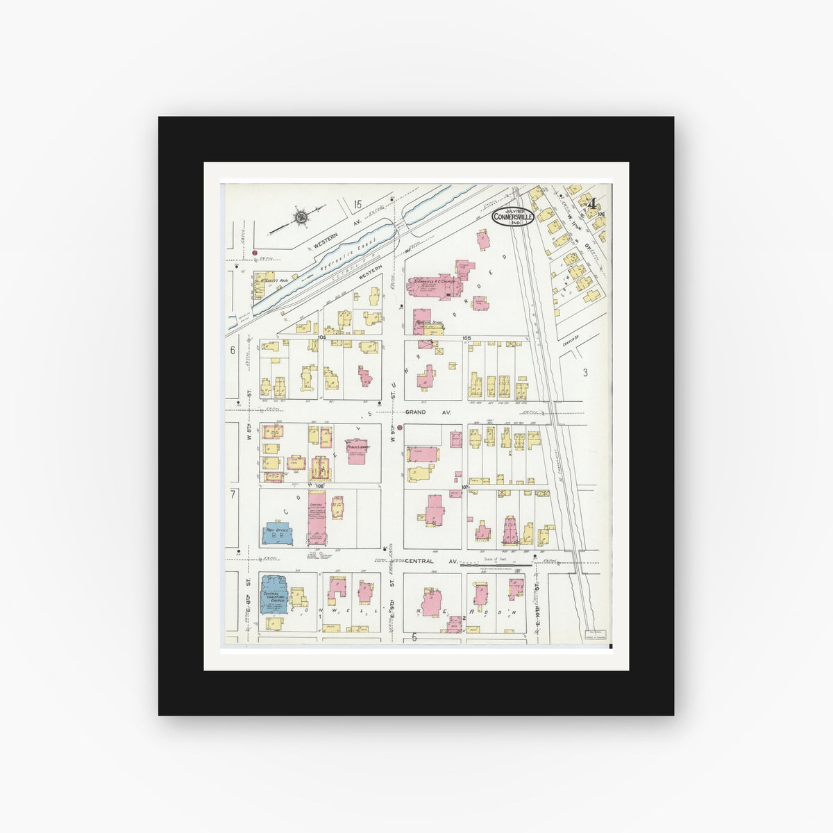 Old map wall art mockup — black gallery frame with white mat — Sanborn Fire Insurance Map from Connersville, Fayette County, Indiana (1919), Sheet #0004
