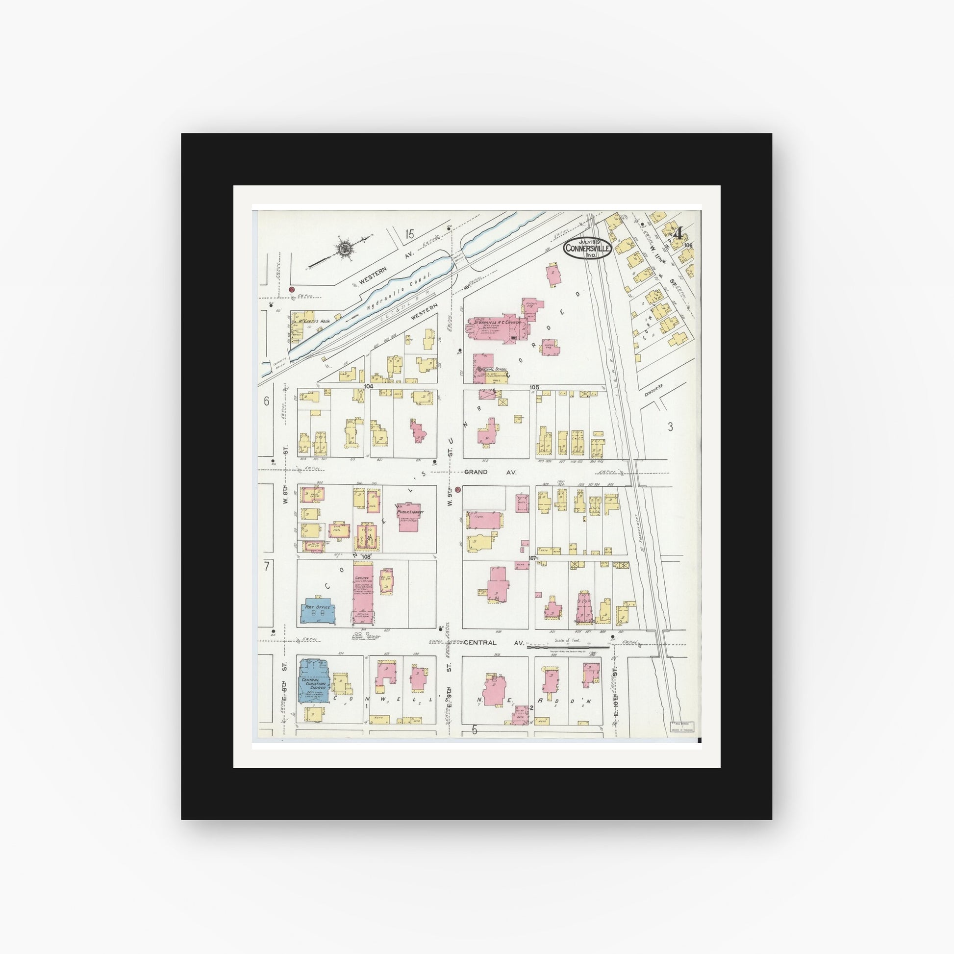 Old map wall art mockup — black gallery frame with white mat — Sanborn Fire Insurance Map from Connersville, Fayette County, Indiana (1919), Sheet #0004